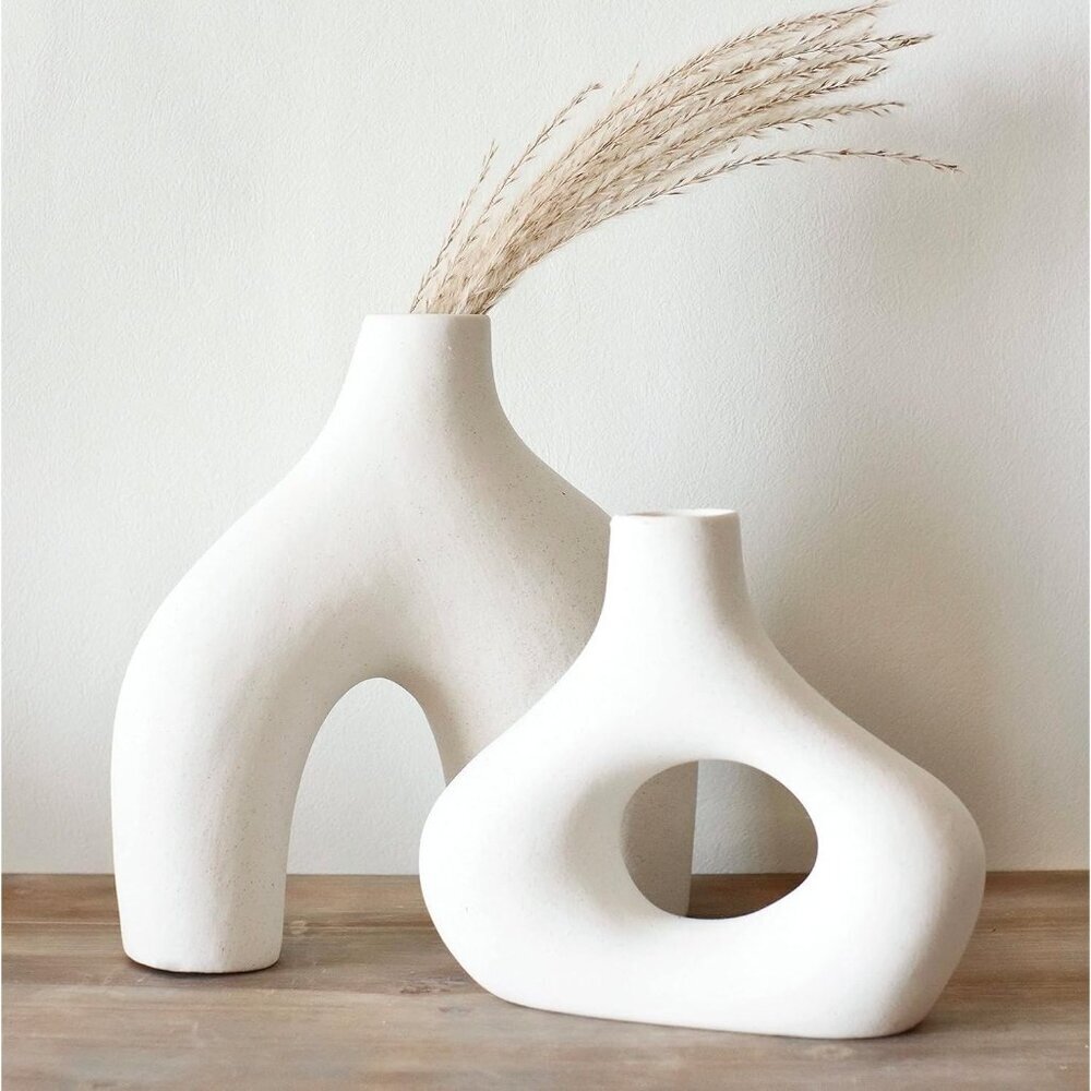 Carrot's Den Donut Vase Set Of 2 White Ceramic Minimalist Nordic Hollow New - Picture 4 of 5